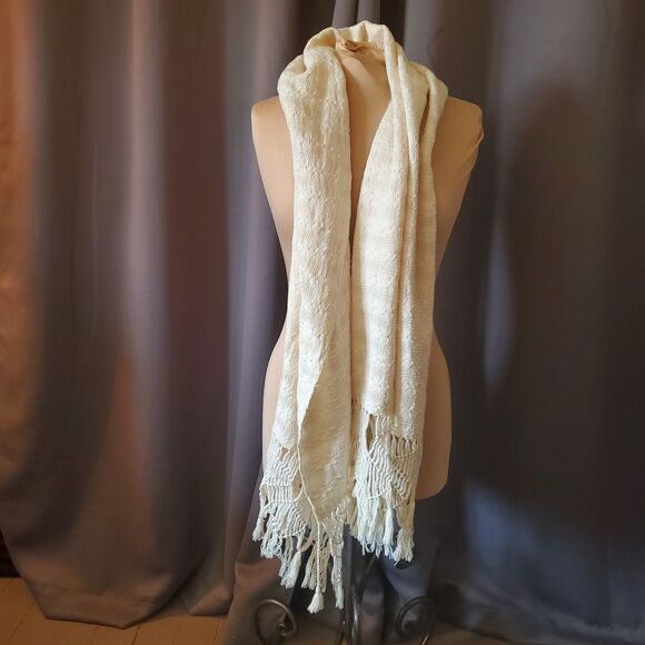 Off-White Cream Weave Shawl Scarf Wrap with Fringe - Picture 12 of 16
